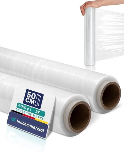 Inoverse stretchfolie transparent skötfilm, film för möbler och flytt, pallfolie, handstretchfilm, förpackningsfolie på rulle, sträckfilmrulle, förpackningsmaterial, 50 cm/2,5 kg, 2 rullar