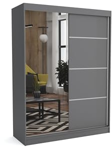 Brent - Kleiderschrank mit Spiegel Tom, 160cm Breit, Schlafzimmerschrank mit 1 Kleiderstange und Einlegeböden für Kleidung, Kleiderschrank Grau