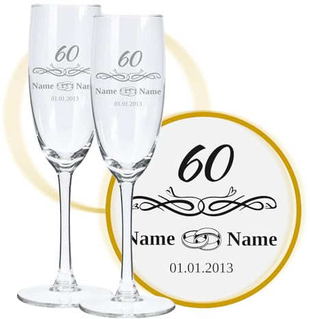 LALALO Sektglas mit Gravur 60. Hochzeitstag (2 St.), Diamantene Hochzeit Sektgläser Geschenk personalisiert/graviert, Jahrestag (Ringliebe)