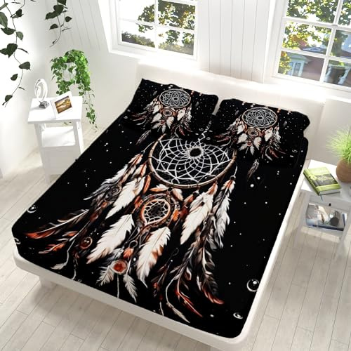 Spannbettlaken Set 200x200cm Muster Mit Sternen Und TraumfäNgern Muster Spannbetttuch Weiche Atmungsaktiv Microfaser mit 2 Kissenbezug, Coloré Spannbetttücher für bis 25-30 cm Matraze