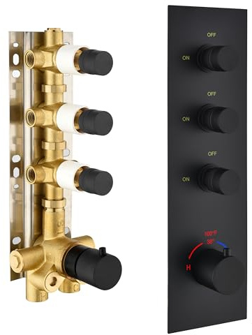 OMEKNTOP Matte Black 3 Way Shower Diverter Valve - 3 Function Thermostatic Mixer Brass Valve with Individual On/Off Flow Control for Shower Arm & Shower Kit