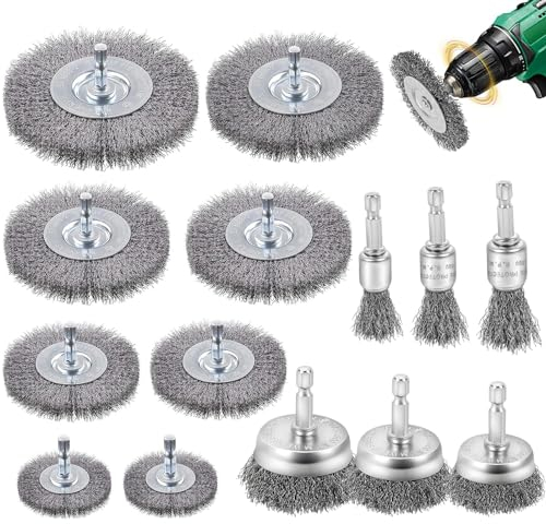 Omtofo 14 Pezzi Spazzole per Trapano, Metallica Per Trapano 6 mm Spazzola Metallica per Lucidare per Lucidare, Levigare, Rimuovere la Ruggine, Vernice