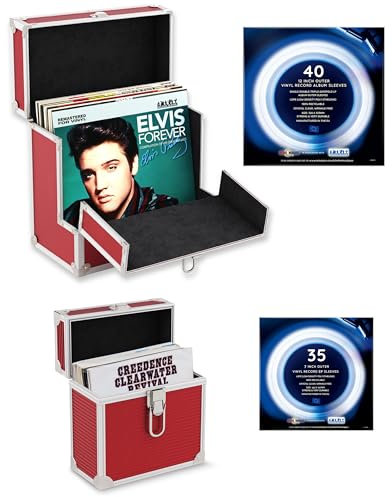 Retro Musique Aluminium 12 Vinyl Record Storage Case - Includes 40 Outer Sleeves & 7 EP Storage Case - 35 Outer Sleeves (Red)