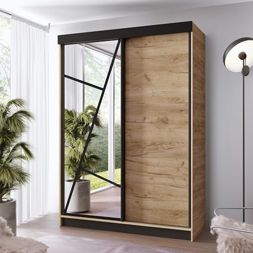 KIER FURNITURE - Schrank mit Spiegel - Kleiderschrank mit Schiebetüren, Fachböden und Kleiderstange - Garderobenschrank für Schlafzimmer, Flur - Craft Eiche Holzoptik - 138x205x59cm