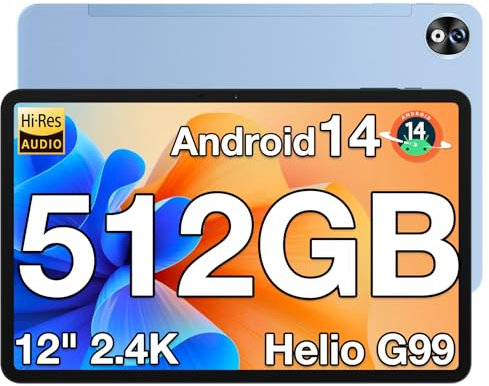DOOGEE T40 Pro Tablette 12 Pouces - 20GB RAM+512GB ROM(TF 2TB), 10800mAh Helio G99 Android 14 Tablette Tactile 4G LTE, Écran 2.4K/16MP+8MP/4 Haut-parleur/7mm Corps/Double SIM/GPS, Bleu