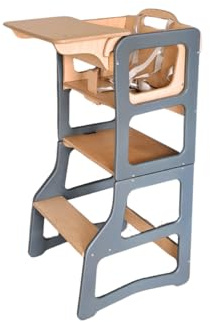 Dunorm - Montessori-Lernturm für Kinder | Umwandelbarer Helferhocker | Handgefertigt | Mit Hochstuhl-Rutsche Option | Für Küche & Alltag (Grau, mit Hochstuhl)