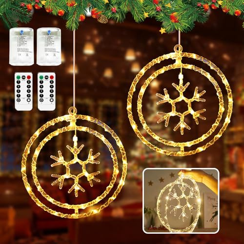 HEYIDAMAI Schneeflocke Fenster Licht, 2 Stück Weihnachtsbeleuchtung Schneeflocke, Beleuchtung Fenster Weihnachten, LED Fensterdeko Weihnachten, mit 8 Blinkenden Modi & Fernbedienung, Batterie & USB
