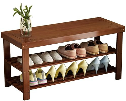 Zapatero de bambú de 3 niveles, organizador de almacenamiento para entrada, soporta hasta 440 libras, ideal para pasillo, baño, sala de estar, vestíbulo, color nogal