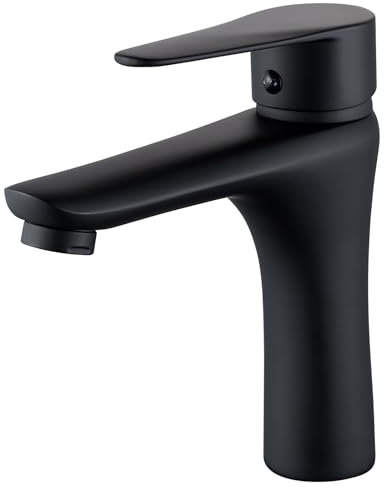 Wasserhahn Bad Schwarz, Waschtischarmatur Bad Armatur Mischbatterie Waschbeckenarmatur Schwarz Einhebelmischer Badezimmer aus Messing, Warm und Kalt Einstellbar, Auslaufhöhe 110mm