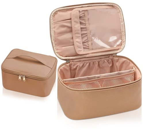 Kosmetiktasche Damen, Reise Schminktasche Groß Make Up Tasche Organizer, Wasserdichter Reise Kosmetiktasche Mit Griff und BüRstenfach Kulturtasche (Braun)