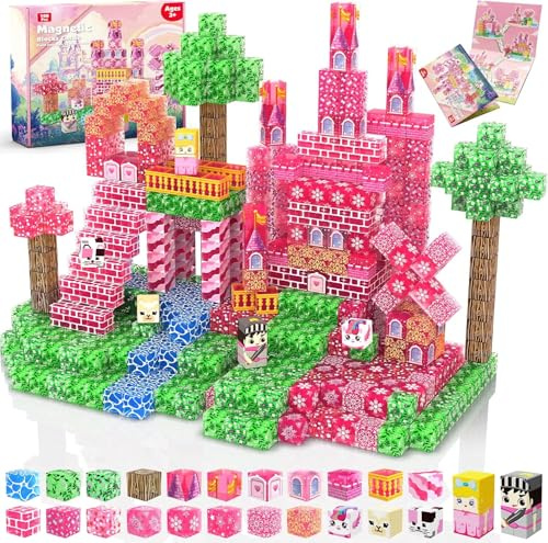 Magnetische Bausteine - 100 Teile Magnetbausteine Transparentes Rosa Schloss Kreatives Lernspielzeug für Mädchen ab 3 Jahren - Ideale Ostergeschenke