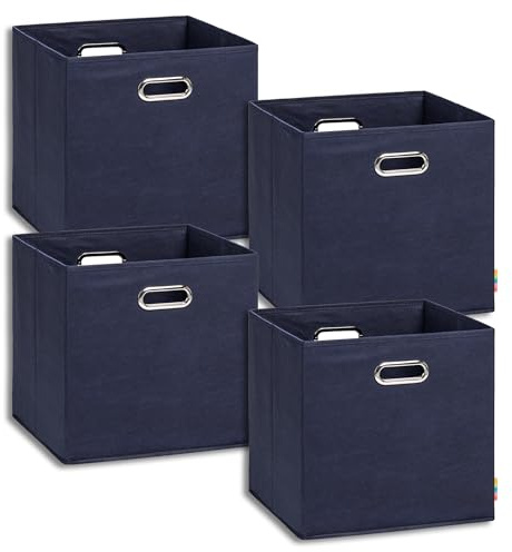 Storanda | 4er Set Aufbewahrungsbox 33x33x32.5 cm | Breite Griffe auf zwei Seiten | Stabil & Faltbar | Regalbox für Würfelregal | Ideal für Zuhause & Kinderzimmer | Dunkelblau