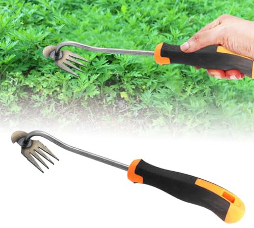 ComedyKing Edelstahl Unkrautstecher Gartengeräte, Gartenarbeit Hand Unkrautstecher, Fugenreiniger Unkraut, Gartenwerkzeug, Unkraut Entferner Gerät, Fugenkratzer Mit Stiel (Gummigriff 4 Zähne)