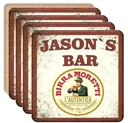 Personalised Bar Coasters, Birra Moretti Design, Set of 4, Vintage Style