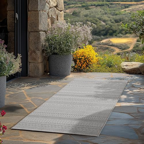 Teppium Outdoor Teppich Grau 80x150 cm Läufer, Wetterfest & UV-beständig, ideal für Küche, Balkon, Terrasse auch Wohnzimmer und Esszimmer, Skandinavisches Boho-Design