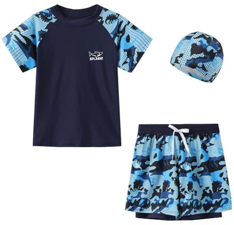 FedMois Costume da Bagno Tuta da Piscina Bambino Ragazzo, 3 Pezzi Completo Maglia + Pantaloncini con Scaldamuscoli integrati + Cappellino, Blu, 7-9 Anni