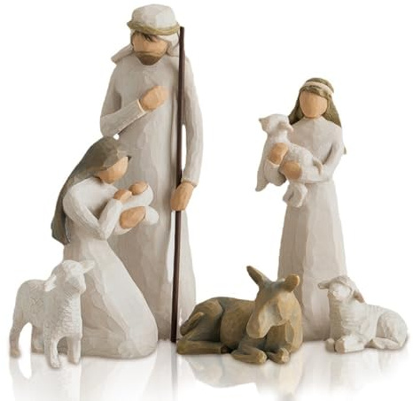 Alulayu Julkrubba av konstharts med 6 figurer och stall, Jesusstaty, krubba, konstharts, små människor, krubbset Born Scene Willow-Tree figur, julkrubba med figurer