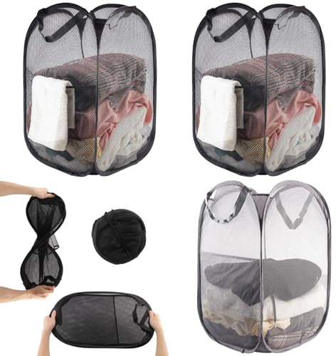 Foydream Panier à Linge, 3 Pièces Pop Up Panier Linge Sale Sac Panier à Lingerie avec Poignée pour Salle de Bains Camping Dortoir et Voyage Lingerie Noir 36 * 36 * 58 cm