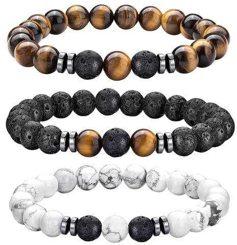 Mochity 3 st tigeröga armband för män, 8 mm armband för män, naturstenspärlor, justerbara armband för män, presenter till män, genomsnitt, Läder