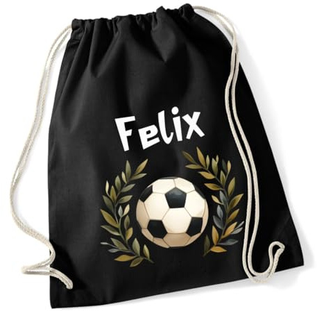minimutz Turnbeutel Fußball Jungen, Stoffbeutel Baumwolle mit Name, Rucksack Kordel zum Zuziehen, Sportbeutel Schule, Wechselwäschebeutel Kita Kindergarten (schwarz)