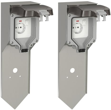 ledscom.de 2 x POXO Columna de Enchufe de jardín con piqueta de Tierra para Exteriores, IP65, Individual, Acero Inoxidable, Acero Inoxidable/Gris, Angular, 40 cm