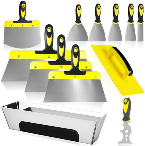 YUJUVI Spachtel Set Flächenspachtel 12-teiliges Spachtel Werkzeug aus Edelstahl 350-25mm mit Kunststoffgriff für Trockenbau, Verputzen, Tapeten entfernen mit Spachtelkasten aus rostfreiem Stahl