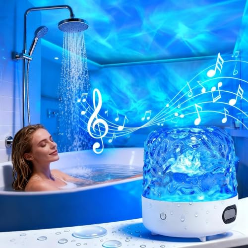 HIAME Waterproof Shower Light with Bluetooth Speaker & White Noise, Rechargeable Shower Lamp with 16 Color Ocean Wave Projector, Remote & Touch Control, Spa-Like Mood Lights for Bathroom Bathtub