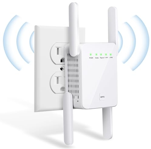 WiFi Extender Booster, Internet Booster with Ethernet Port, 4 Antennas WIFI Booster Range Extender, Wireless Signal Booster Easy Setup White