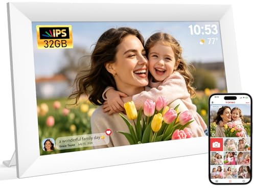 Digitaler Bilderrahmen WLAN, Fotorahmen Elektronisch 10,1 Zoll Digitales Fotoalbum mit Uhale APP, HD IPS Touchscreen, Automatische Drehung, Wandmontage Möglich, Geschenke für Frauen Männer, Weiß