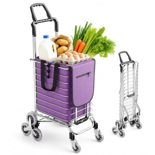 35L Folding Shopping Trolley 4 Wheels, Lightweight Shopping Cart, Purple | Durable Aluminum Frame Holds 40kg, Stair Climbing Grocery, Folds Mobility, Ideal for Seniors Outdoor Use