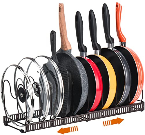Toplife Pots and Pans Organizer Rack for Cabinet and Countertop, 10+ Pot Lids, Bakeware and Cookware Organizer Rack Holder with 10 Adjustable Compartments - Brown