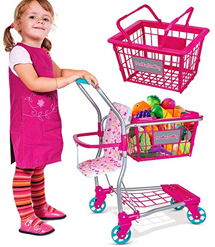 Molly Dolly 2 in 1 Kids Shopping Trolley & Basket Playset - Toy Shopping Cart For Kids