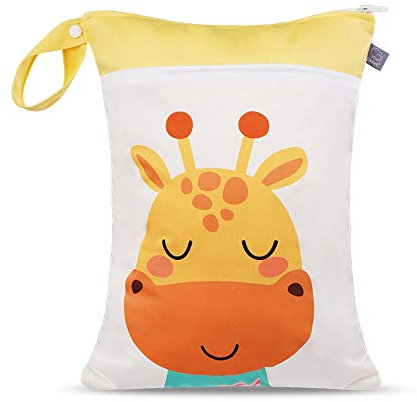 Windeltasche Baby Trocken und Nasstasche mit Reißverschluss, Treer Wiederverwendbar Cartoon Tiermuster Hängende Wasserdichte Windel Organiser Beutel für Reise Strand (30x40cm,Giraffe)