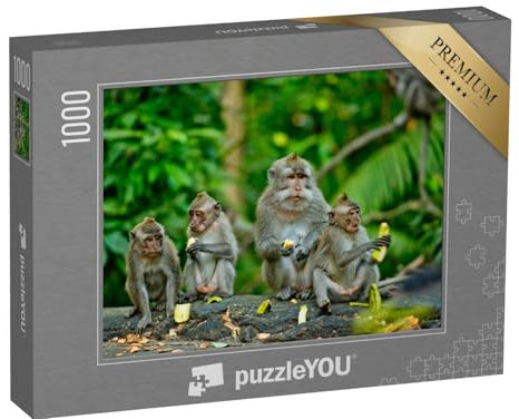 puzzleYOU: Puzzle 1000 Teile „Erwachsene Affen sitzen und Essen Bananenfrüchte, Bali“ – aus der Puzzle-Kollektion Affen, Tiere in Dschungel & Regenwald