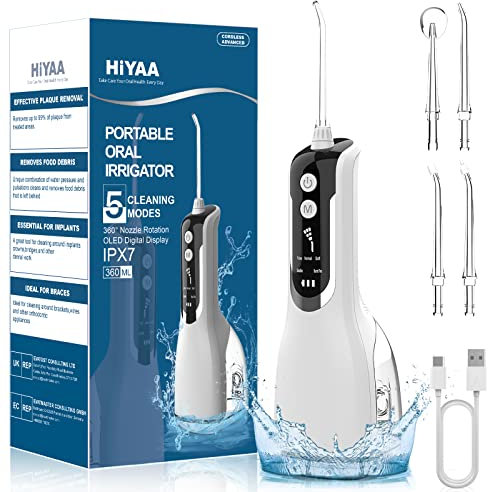 HIYAA Water Flosser for Teeth Cordless with 5 Modes, 360° Rotation Dental Oral Irrigator Teeth Cleaner, 360ML Portable and Rechargeable IPX7 Waterproof Powerful Battery Life for Travel & Home - White