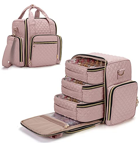 Luxja Organizer per smalti, custodia con 3 tasche rimovibili e tasche per attrezzi (design brevettato), Rosa pallido, moderno