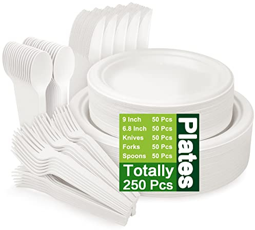 250 Piece Compostable Plates, Sugarcane Paper Plates with Extra Long Utensils, Eco Friendly Disposable Dinnerware Set Biodegradable Cutlery, Spoons, Forks and Knives for Party, Camping, Picnic(White)