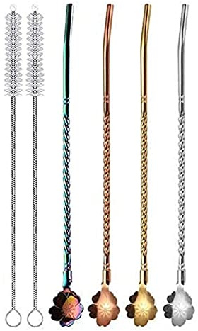 4pcs Wiederverwendbare Strohhalme Mit LöFfel Edelstahl Mit 2 Langen ReinigungsbüRsten TrinklöFfel FüR RüHrstab Milchtee