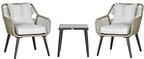 Outsunny Ensemble Salon de Jardin Bistro 2 Personnes 3 pièces 2 chaises + Table Basse carrée Coussins déhoussables Polyester résine tressée PE Cadre en Acier Gris