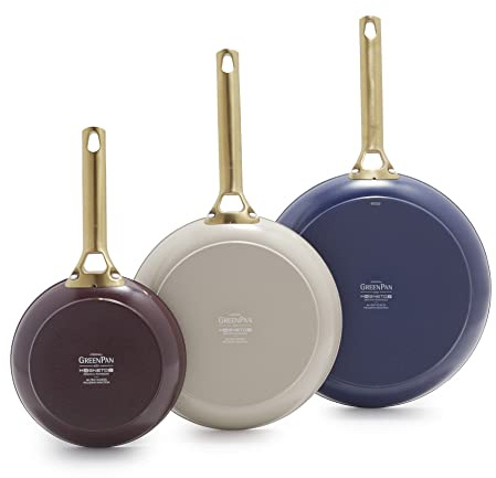 GreenPan Hard Anodized Healthy Ceramic Nonstick, 8 10 and 12 3 Piece Frying Pan Skillet Set, Gold Handle, PFAS-Free, Induction Suitable, Dishwasher Safe, Oven Safe, Multi Color Mix
