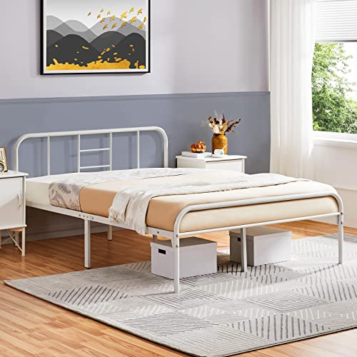Yaheetech Metallbett mit Lattenrost Bettrahmen mit Kopfteil Doppelbett Gästebett Einzelbettgestell Bettgestelle für Gästezimmer Schlafzimmer 140 x 200 cm, Weiß