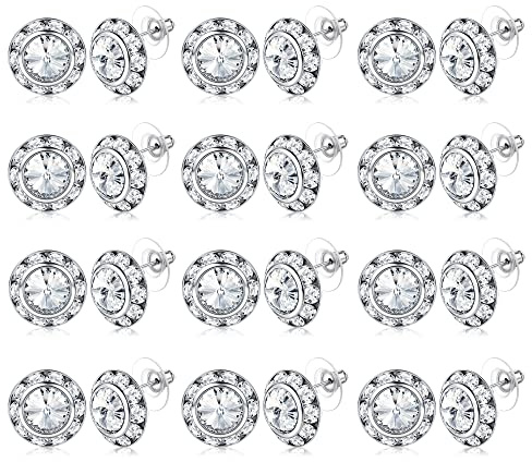 BESTEEL Rhinestone Earrings Round Shaped Acrylic Stone Inside Crystal Halo Stud Earrings for Dance Competitions Stage Opera Performance Wedding Party Earrings Jewelry 15mm（white 12Pairs)