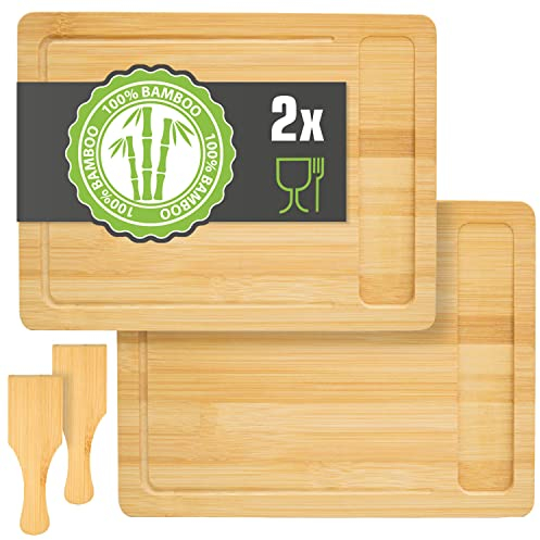 DuneDesign Con Deposito: Juego de 2 Tablas de Cortar Bambú - 30x22 Tabla de Madera para Cortar Tabla para Quesos y Aperitivos Platos para Tapas de Bar Tabla Cortar Cocina Tabla de Cortar Tablero Bambú