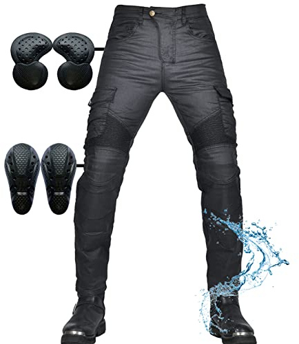 SHUOJIA Damen-Motorrad-Jeans Motorrad-Schutzhose winddichte, wasserdicht beschichtete Motorradhose, mit 2 Paar Protect-Hüft- und Kniepolstern, abnehmbar, mehrere Taschen, Jean (Black,4XL)