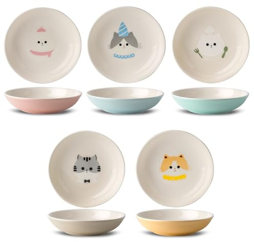 Set med keramiska kattskålar – 14,5 cm bred – trötthetsbeständig kattmatskål – 5 färgglada tallrikar med vackert mönster för våt och torr mat