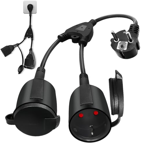 Sporgo Cavo di Prolunga Con 2 Prese Schuko, Contatto di Protezione Esterno, IP20 Impermeabile, Doppio Connettore per Presa Elettrica, Ufficio e Casa, 1,5 mm²
