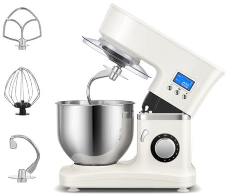 TQQEPOOL Batidora Pie,5.2L Batidora Varillas para Repostería,Batidora Eléctrica Cocina con Bol,Pala Mezcladora,Rejilla para Batir,Ganchos para Amasar