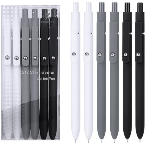 FIOVER Gel Pens,6Pcs Fine Point Smooth Writing Pens 0.5mm Black Gel Ink, High-End Series Ballpoint for Journaling Note Taking, Gifts for Women Men (6pcs-Black, Gray, White)