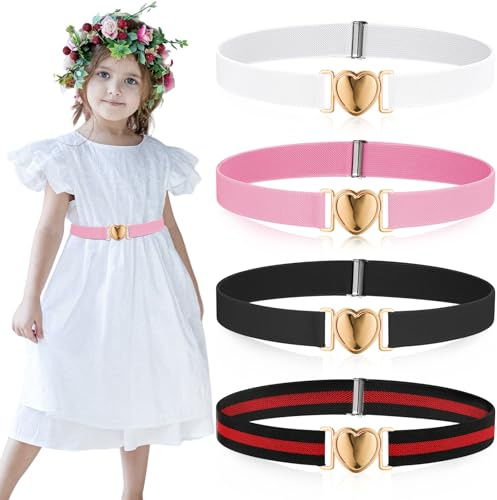 Zuimei 4 Pack Kids Belts Girls Elastic Belts With Heart Buckle Adjustable Stretch Belt For Girls Skirt Jeans Pants(4 Color)