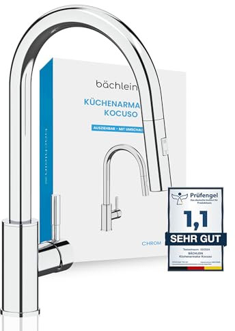 Bächlein Küchenarmatur Kocuso – 360 Grad schwenkbar (chrom) – Einhand-Spültischbatterie aus Edelstahl mit ausziehbarem Schlauch und Brause mit Umschalt-Taste, Wasserhahn für die Küche